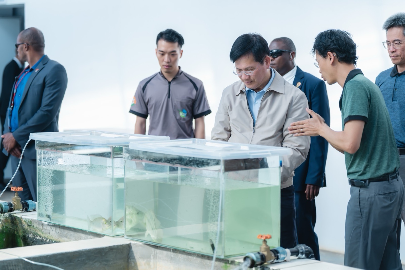 圖說三:總統特使林佳龍視察台史合作「水產養殖研究與生產中心」大規模魚苗培養技術。